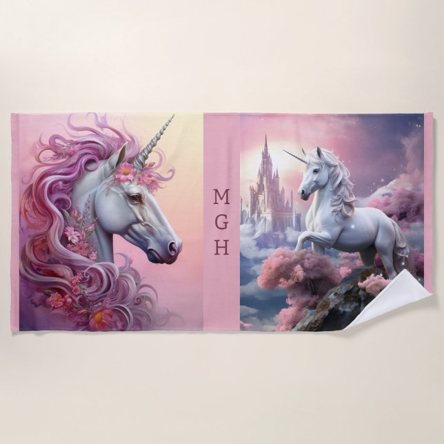 Custom Monogram Beautiful Unicorns Beach Towel (Front)