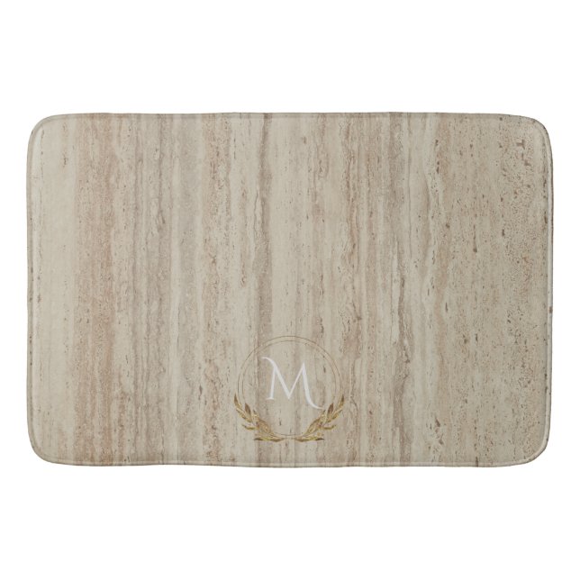 Custom Monogram Beige Travertine Marble Stone Bath Mat (Front)