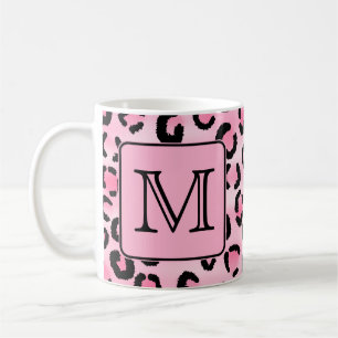 Custom Monogram. Black and Pink Leopard Print. Coffee Mug