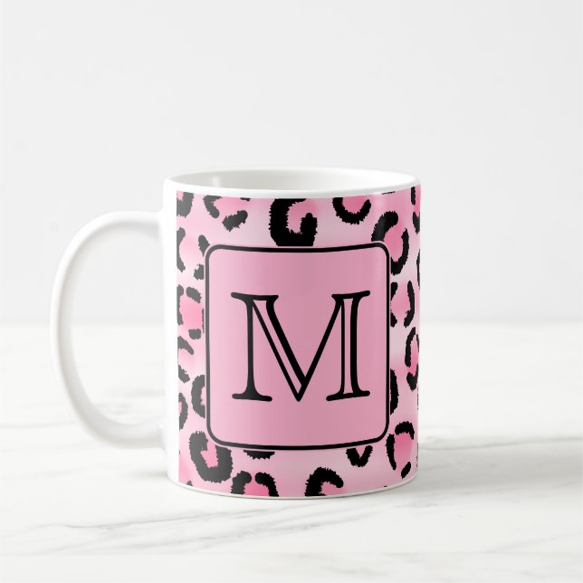 Custom Monogram. Black and Pink Leopard Print. Coffee Mug (Left)