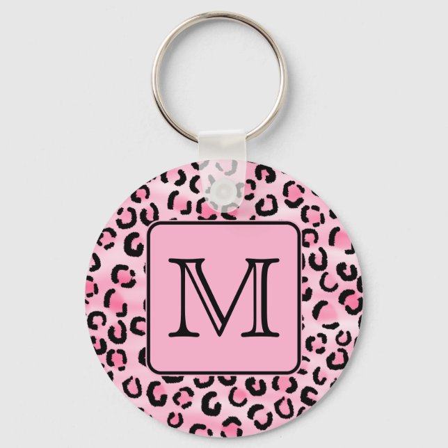 Custom Monogram. Black and Pink Leopard Print. Key Ring (Front)