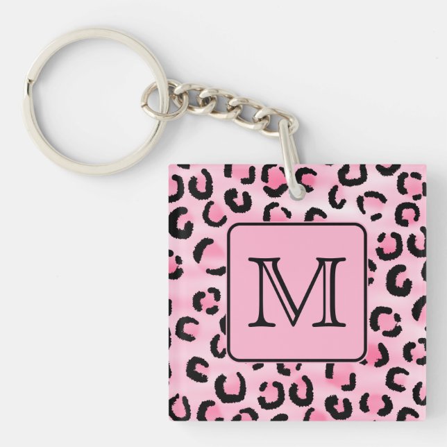 Custom Monogram. Black and Pink Leopard Print. Key Ring (Front)