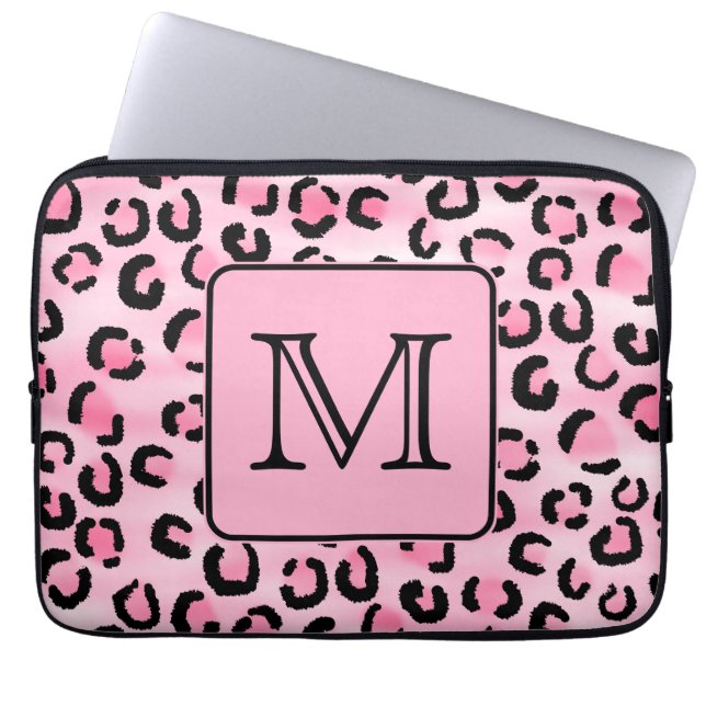 Custom Monogram. Black and Pink Leopard Print. Laptop Sleeve (Front)