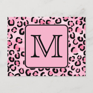 Custom Monogram. Black and Pink Leopard Print. Postcard