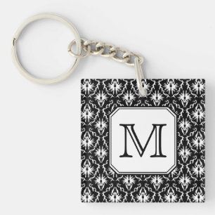 Custom Monogram. Black and White Damask Pattern. Key Ring
