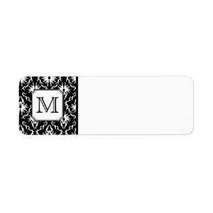 Custom Monogram. Black and White Damask Pattern. Return Address Label