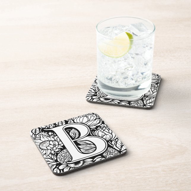 Custom Monogram Black and White Floral Tattoo Art  Coaster (Right Side)