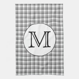 Custom Monogram. Black and White with Grey Check. Tea Towel