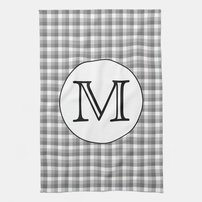 Custom Monogram. Black and White with Grey Check. Tea Towel (Vertical)