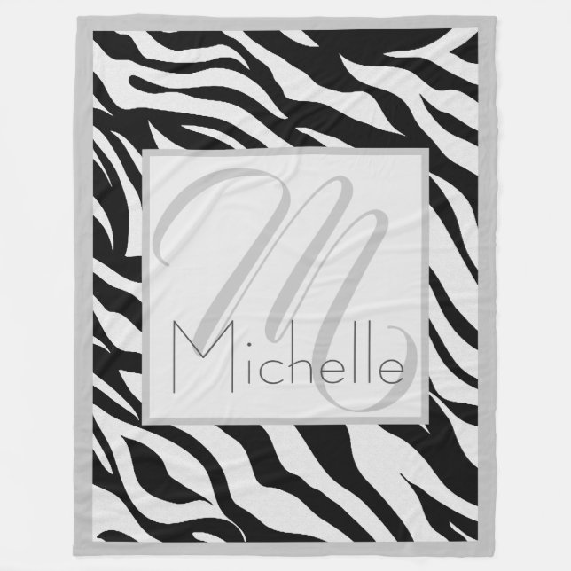 Custom Monogram Black and White Zebra Stripes Fleece Blanket (Front)