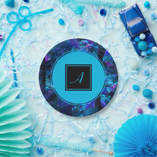 Custom Monogram Black Blue Abstract Birthday Paper Plate (Party)