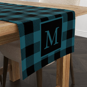 Custom Monogram Black Blue Buffalo Plaid Pattern Short Table Runner