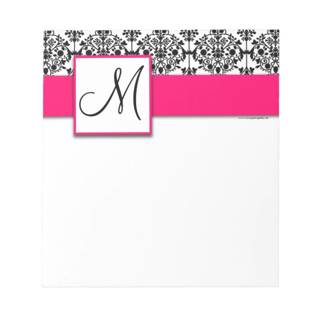 Custom Monogram Black Damask Hot Pink Notepad (Front)