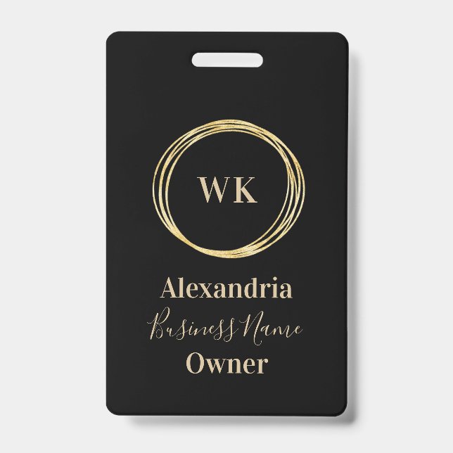 Custom Monogram Black Gold Employee Name ID Badge (Front)