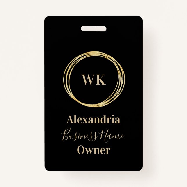 Custom Monogram Black Gold Employee Name ID Badge (Front)