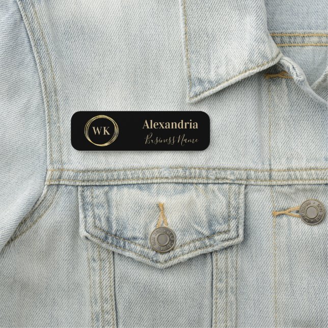Custom Monogram Black Gold Employee Name Tag (In Situ)