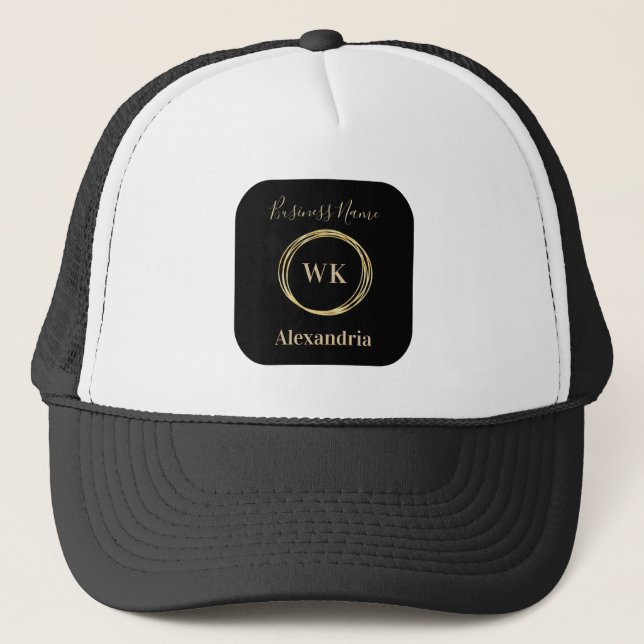Custom Monogram Black Gold Employee Name Trucker Hat (Front)