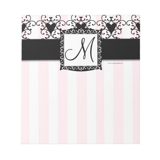 Custom Monogram Black Hearts Pink Stripes Notepad (Front)
