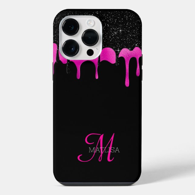 Custom Monogram Black Hot Pink Dripping Script  iPhone Case (Back)