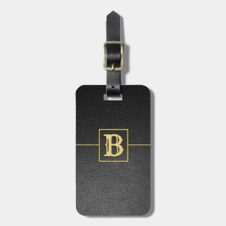 Custom monogram black pebbled faux leather luggage tag
