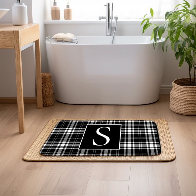 Custom Monogram Black White Buffalo Plaid Bath Mat (Black and white checkered monogram bathmat)
