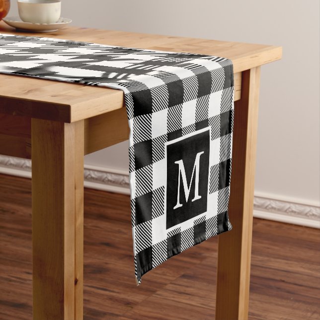 Custom Monogram Black White Buffalo Plaid Pattern Short Table Runner (In Situ)