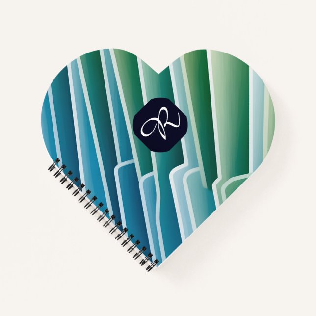 Custom Monogram Blue Green Abstract Heart Spiral   Notebook (Front)