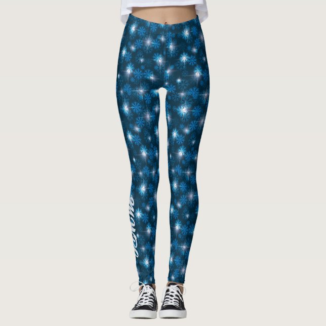 Custom Monogram Blue Sparkling Snow Leggings (Front)