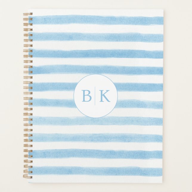 Custom Monogram Blue Striped Planner (Front)