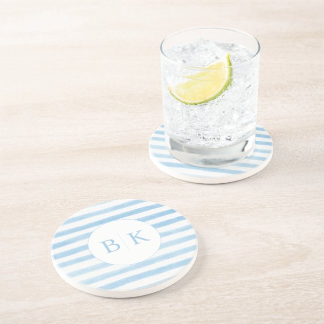 Custom Monogram Blue Striped Sandstone Coaster (Side)