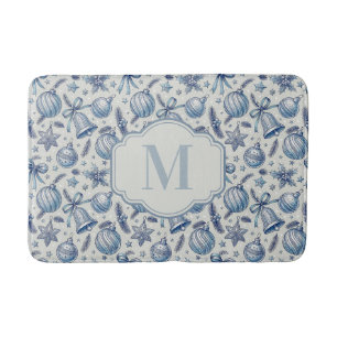 Custom Monogram Blue Toile Christmas Ornaments  Bath Mat