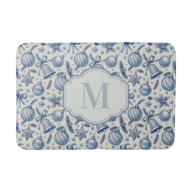 Custom Monogram Blue Toile Christmas Ornaments  Bath Mat (Front)