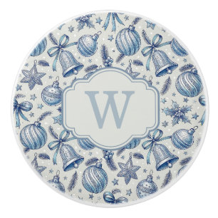 Custom Monogram Blue Toile Christmas Ornaments  Ceramic Knob