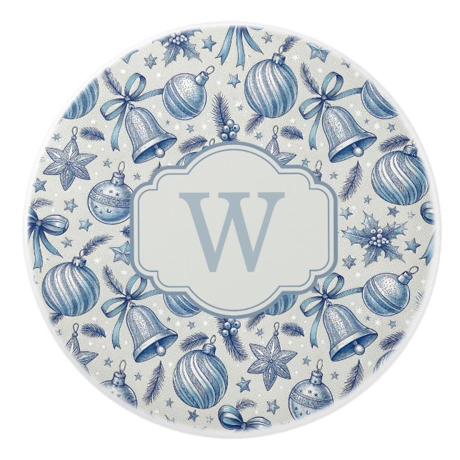 Custom Monogram Blue Toile Christmas Ornaments  Ceramic Knob (Front)