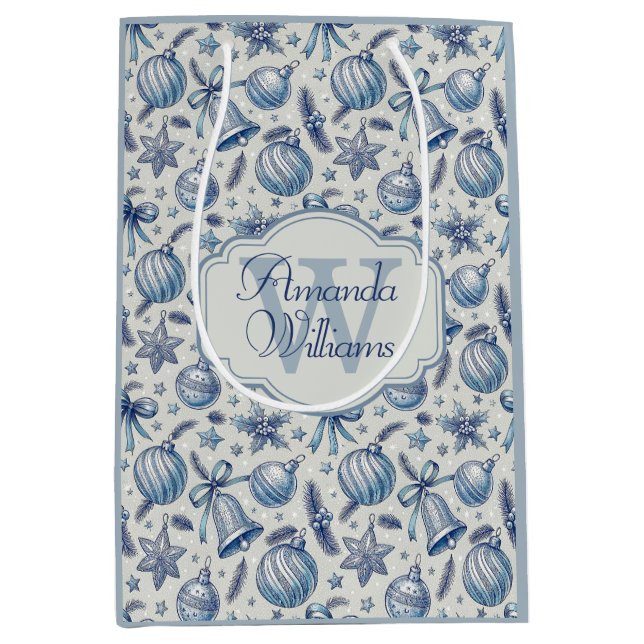 Custom Monogram Blue Toile Christmas Ornaments  Medium Gift Bag (Front)
