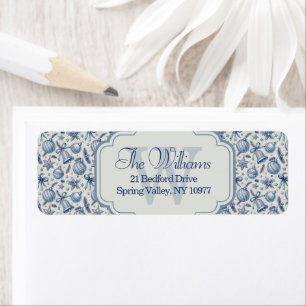 Custom Monogram Blue Toile Christmas Ornaments Return Address Label
