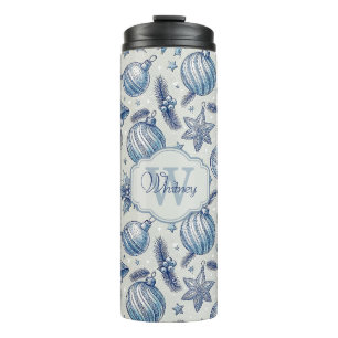 Custom Monogram Blue Toile Christmas Ornaments Thermal Tumbler