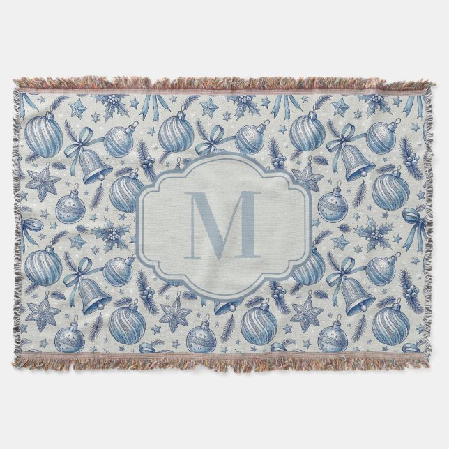 Custom Monogram Blue Toile Christmas Ornaments  Throw Blanket (Front)