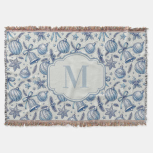 Custom Monogram Blue Toile Christmas Ornaments Throw Blanket