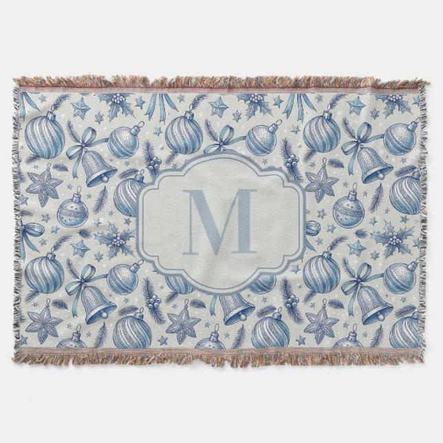 Custom Monogram Blue Toile Christmas Ornaments  Throw Blanket (Front)