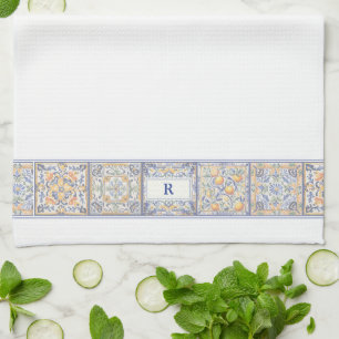 Custom Monogram Blue & Yellow Mediterranean Tile Tea Towel