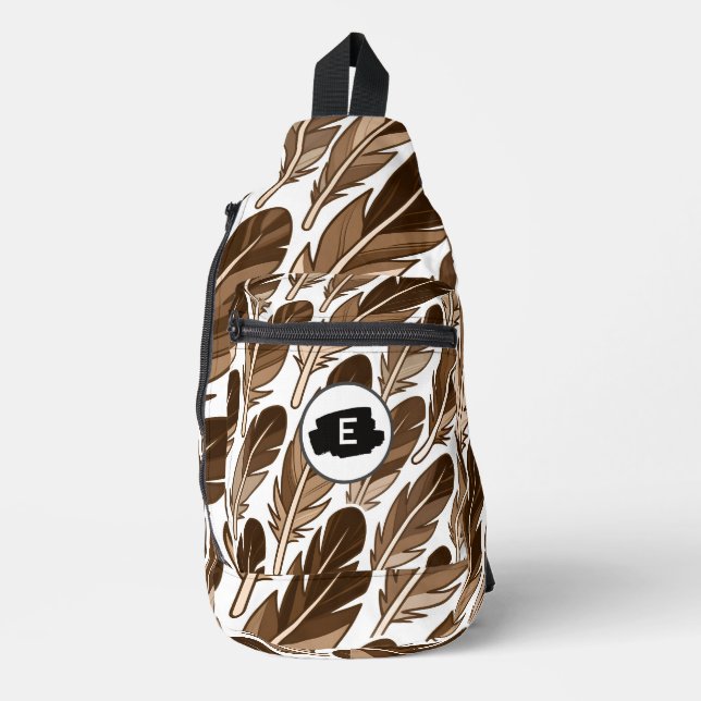 Custom Monogram Boho Feather Sling Bag – Brown (Front)