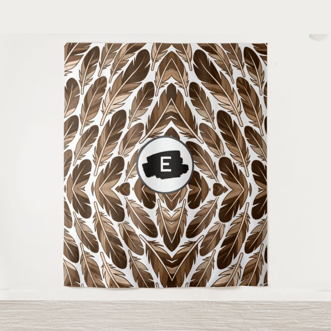 Custom Monogram Boho Tapestry – Brown Feathers (Front)
