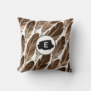 Custom Monogram Boho Throw Pillow – Brown Feathers