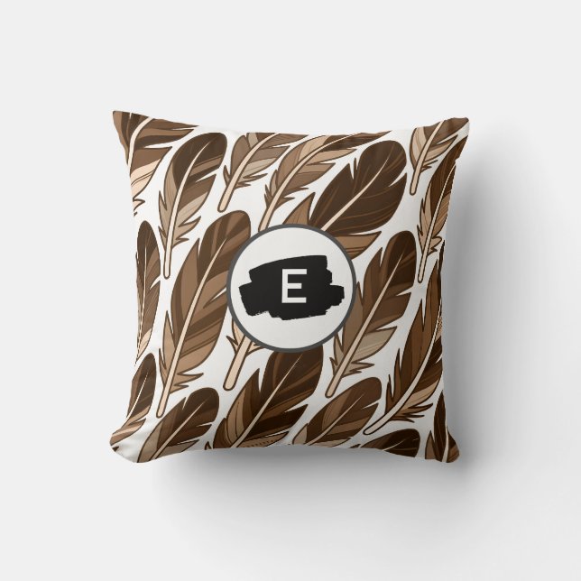 Custom Monogram Boho Throw Pillow – Brown Feathers (Front)