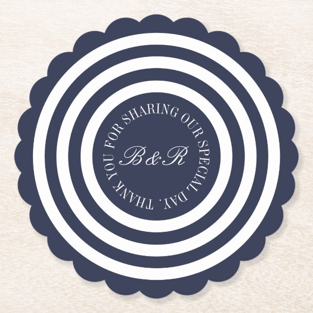 Custom monogram bold navy blue stripe wedding paper coaster (Front)