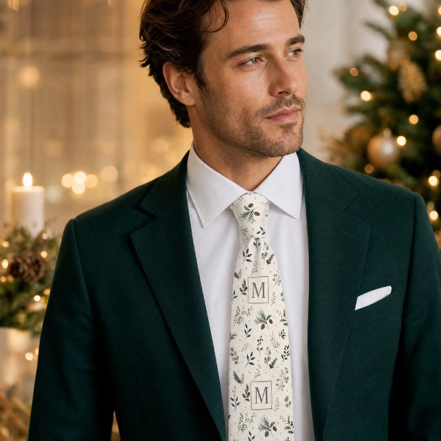 Custom Monogram Botanical Holiday Pattern Tie (Custom Monogram Botanical Holiday Pattern Neck Tie)