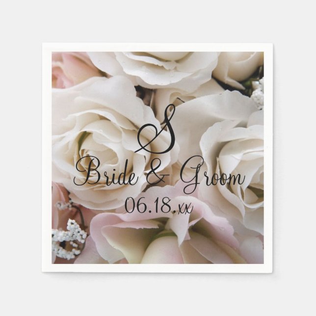 Custom Monogram Bride Groom Name Wedding Roses Nap Napkin (Front)