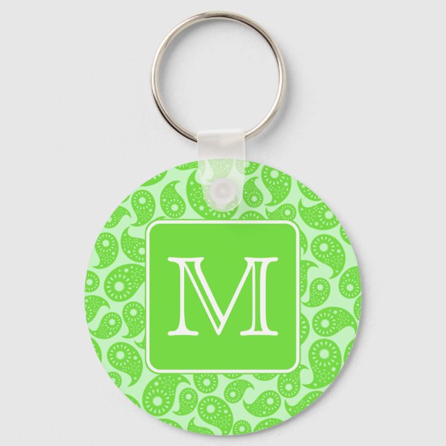 Custom Monogram. Bright Green Paisley Pattern. Key Ring (Front)