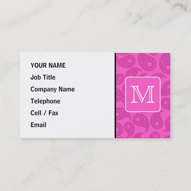 Custom Monogram. Bright Pink Paisley Pattern. Business Card (Front)